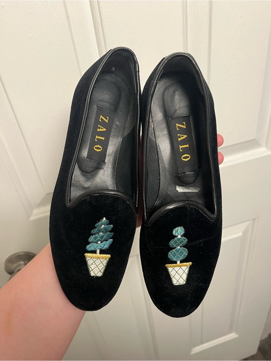 Zalo Shoes - Zalo Black Velvet Embroidered Topiary Loafers - Black/Green/Gold